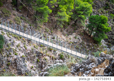 Hiking trail to Colgante bridge (Puente Colgante El Saltillo) over Almanchares river, Sierra Tejeda, Andalusia, Spain Hiking trail to Colgante bridge (Puente Colgante El Saltillo) over Almanchares river, Sierra Tejeda, Andalusia, Spain 142758943