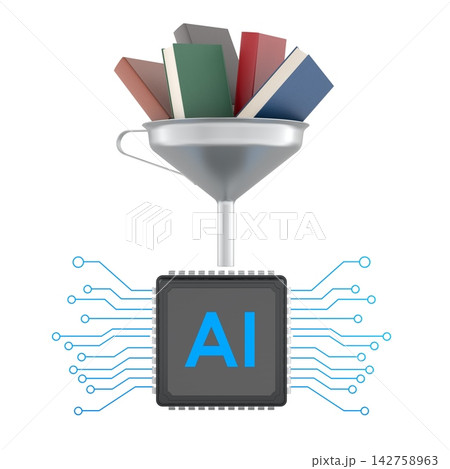 AI chip with books and funnel, machine learning training data concept. 3D rendering 142758963