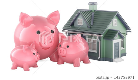 Family piggy banks with house. Home savings, family budgeting, mortgage planning, property investment, concept. 3D rendering Family piggy banks with house. Home savings, family budgeting, mortgage planning, property investment, concept. 3D rendering 142758971