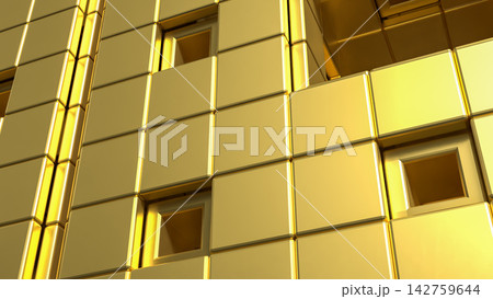 Luxurious Golden Geometric Wall with Reflective Panels and Recessed Squares 3d render. 142759644