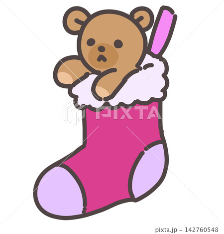 くまのぬいぐるみが入ったピンクのクリスマスソックス 142760548