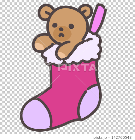 くまのぬいぐるみが入ったピンクのクリスマスソックス 142760548