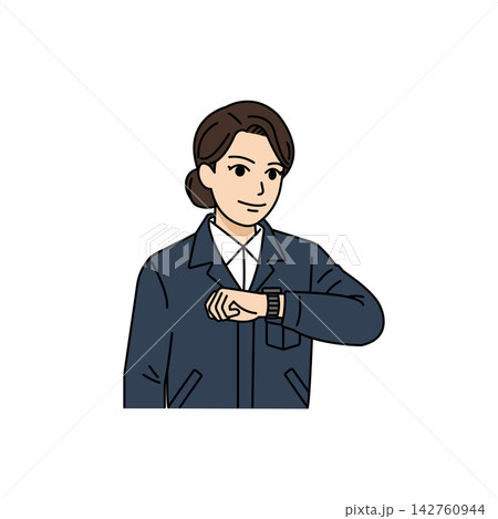 腕時計を見て時間やスケジュールを確認するネイビー作業着の女性上司イラスト 腕時計を見て時間やスケジュールを確認するネイビー作業着の女性上司イラスト 142760944