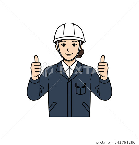 ヘルメット姿で親指を立て安全点検合格を出すネイビー作業着の女性イラスト 142761296