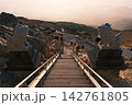朝光と靄に包まれる木曽御嶽山・剣ヶ峰の御嶽神社頂上奥社と狛犬 142761805