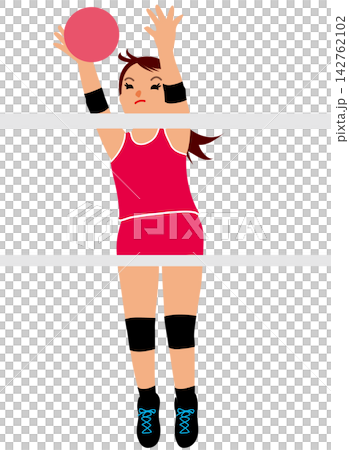 描繪女運動員參加體育比賽的插圖;排球運動員正在比賽;2 名攔網隊員。 描繪女運動員參加體育比賽的插圖;排球運動員正在比賽;2 名攔網隊員。 142762102