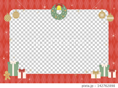 A Christmas frame illustration vector featuring a red argyle pattern, wreaths, ornaments, and presents. A Christmas frame illustration vector featuring a red argyle pattern, wreaths, ornaments, and presents. 142762898