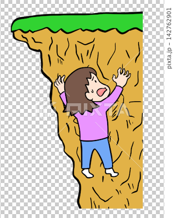 崖っぷちに必死でしがみついて助けを求める絶体絶命なコミカル女性のイラスト 142762901