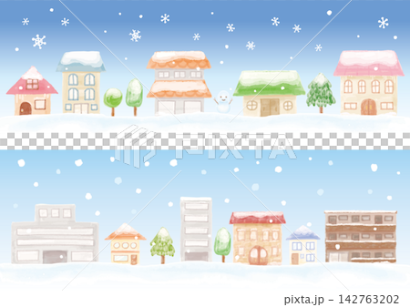 一組兩張可愛的手繪水彩風格雪景小鎮圖片。 一組兩張可愛的手繪水彩風格雪景小鎮圖片。 142763202