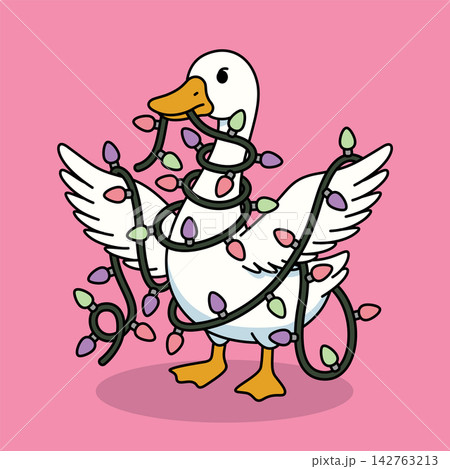 Cute Goose Tangled in Christmas String Lights Vector Illustration Cute Goose Tangled in Christmas String Lights Vector Illustration 142763213