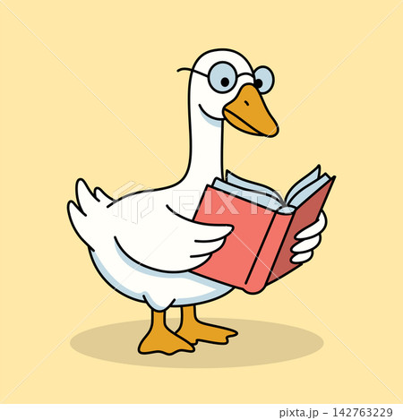 Cute Goose Wearing Glasses Reading Book Vector Illustration 142763229