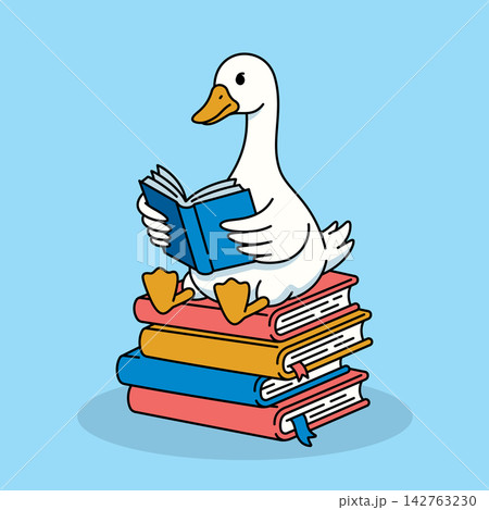 Cute Goose Sitting on Stack of Books Reading Vector Illustration 142763230