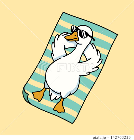 Cute Goose Lying on Beach Towel with Sunglasses Vector Illustration 142763239