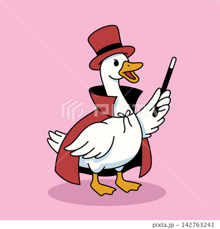 Cute Goose Magician Performing Magic Trick with Wand Vector Illustration 142763241