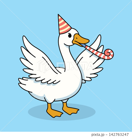 Cute Goose Celebrating Birthday with Party Hat and Horn Vector Illustration 142763247
