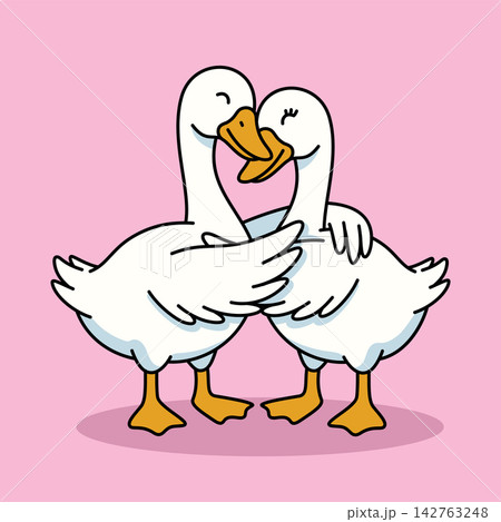Cute Cartoon Geese Couple Hugging - Lovely Valentine Vector 142763248