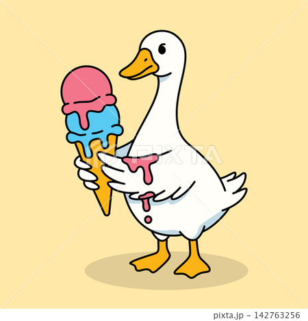 Cartoon Goose Holding Melting Ice Cream Cone Illustration 142763256