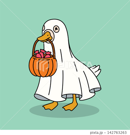Cute goose holding pumpkin basket, funny white duck character, vector illustration Cute goose holding pumpkin basket, funny white duck character, vector illustration 142763263