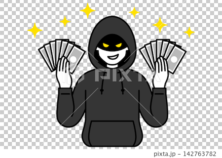 A suspicious-looking man in a hoodie grins, holding wads of cash in both hands. A suspicious-looking man in a hoodie grins, holding wads of cash in both hands. 142763782