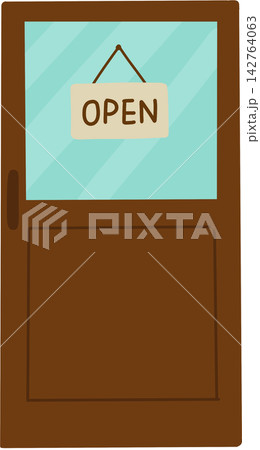 Wooden Door with Open Sign 142764063
