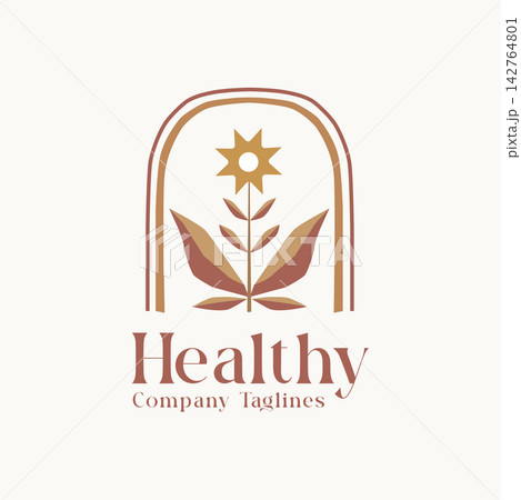 Elegant boho-style health logo with floral symbol and earthy tones, conveying natural wellness, balance, and organic lifestyle branding. Elegant boho-style health logo with floral symbol and earthy tones, conveying natural wellness, balance, and organic lifestyle branding. 142764801