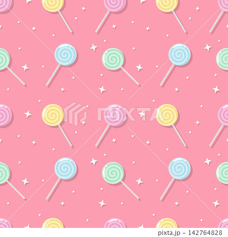 Colorful Lollipop Candy Seamless Pattern on Pink Background with Sparkling Stars 142764828