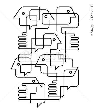 Interconnected Abstract Line Drawing of Human Heads, Speech Bubbles, and Hands Representing Communication Interconnected Abstract Line Drawing of Human Heads, Speech Bubbles, and Hands Representing Communication 142765018