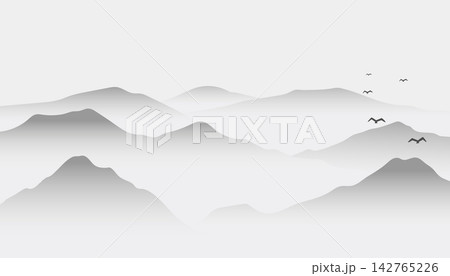 Minimal Grayscale Layered Mountain Landscape with Birds in Misty Atmospheric Scene Minimal Grayscale Layered Mountain Landscape with Birds in Misty Atmospheric Scene 142765226