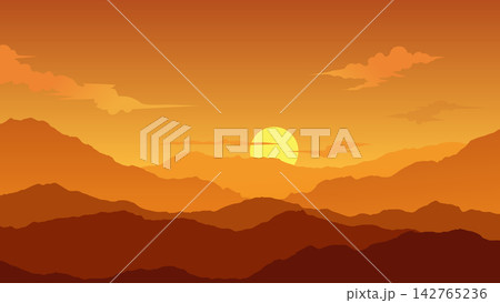 Minimalist Sunset Mountain Landscape with Layered Silhouettes and Glowing Yellow Sun Minimalist Sunset Mountain Landscape with Layered Silhouettes and Glowing Yellow Sun 142765236
