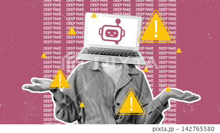 Discussion about fake news and deepfake technology as a person interacts with a laptop displaying warning signs 142765580