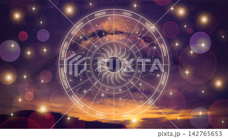 Astrology zodiac signs chart with constellations in the night sky during sunset Astrology zodiac signs chart with constellations in the night sky during sunset 142765653