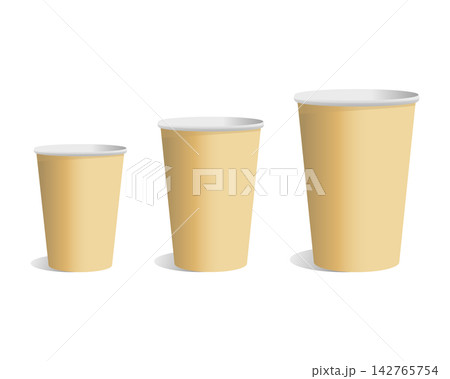 Set of Three Disposable Cups in Beige with White Rims Showing Size Variation 142765754