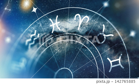 Astrology zodiac signs in the night sky showing constellations and symbols of the zodiac wheel Astrology zodiac signs in the night sky showing constellations and symbols of the zodiac wheel 142765885