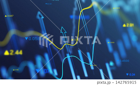 Financial data display showing dollar currency trends with lines and numbers 142765915
