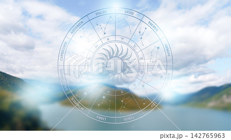 Astrology zodiac signs chart with constellations above a lake and mountains in the background 142765963