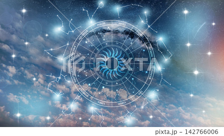 Astrology zodiac signs and constellations shining in the night sky with clear clouds 142766006
