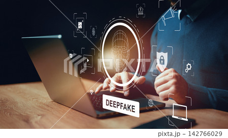 Person uses a laptop with deepfake technology symbols on the screen in a dark environment Person uses a laptop with deepfake technology symbols on the screen in a dark environment 142766029