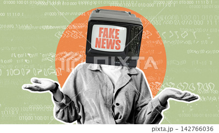 Discussion on fake news with a person symbolically represented by a television head showing 'fake news' 142766036