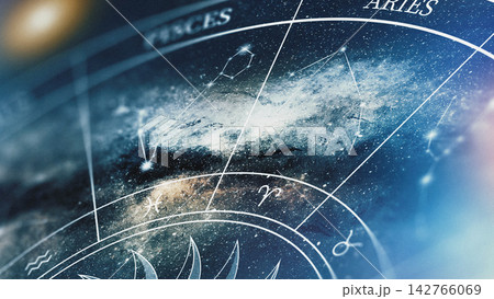 Stars and zodiac signs in the night sky with constellations and astrological symbols present 142766069