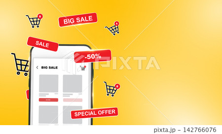 Online shopping offers with discounts on a mobile app displaying sales and special offers on a yellow background 142766076