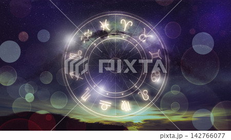Astrology zodiac signs chart in a night sky with stars and planets visible 142766077
