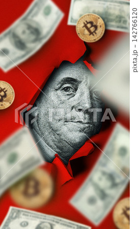 Dollar currency with detailed features on display surrounded by broken paper and coins 142766120