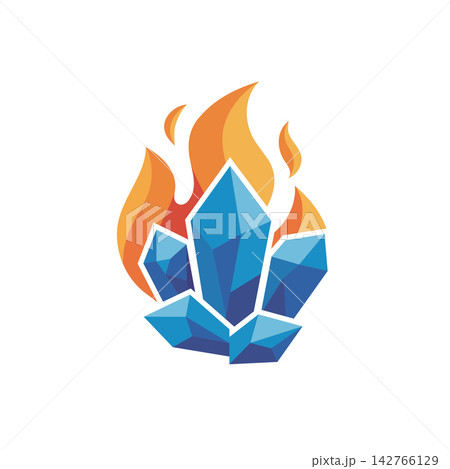 Stylized illustration of sharp blue crystals arranged in a cluster with orange and yellow flames rising behind, symbolizing energy, balance, and transformation. 142766129
