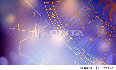 Astrology zodiac signs display with constellations and star patterns in blue background showing Sagittarius and Scorpio 142766182