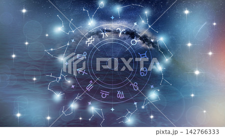 Astrology zodiac signs wheel with constellations and stars in the night sky 142766333