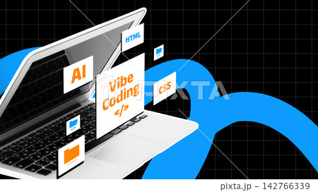 Vibe coding on a laptop with programming elements featuring AI, HTML, CSS, and more 142766339