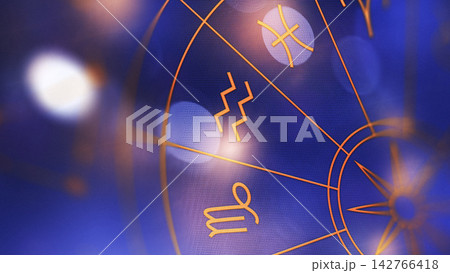 Astrology zodiac signs on a blue background with light reflections showing various symbols and patterns Astrology zodiac signs on a blue background with light reflections showing various symbols and patterns 142766418