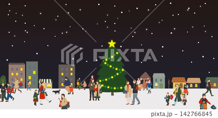 冬の街でクリスマスショッピングを楽しむ人々の風景イラスト 冬の街でクリスマスショッピングを楽しむ人々の風景イラスト 142766845
