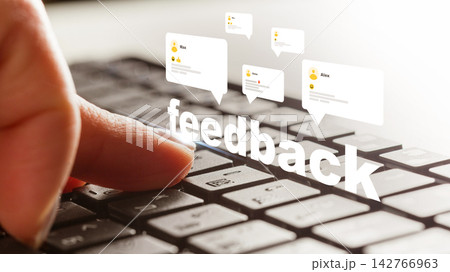 Discussion on feedback with user comments displayed on a keyboard Discussion on feedback with user comments displayed on a keyboard 142766963