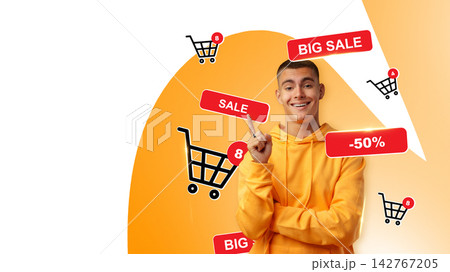 Exciting online shopping deals with big sales and discounts displayed on a bright background Exciting online shopping deals with big sales and discounts displayed on a bright background 142767205